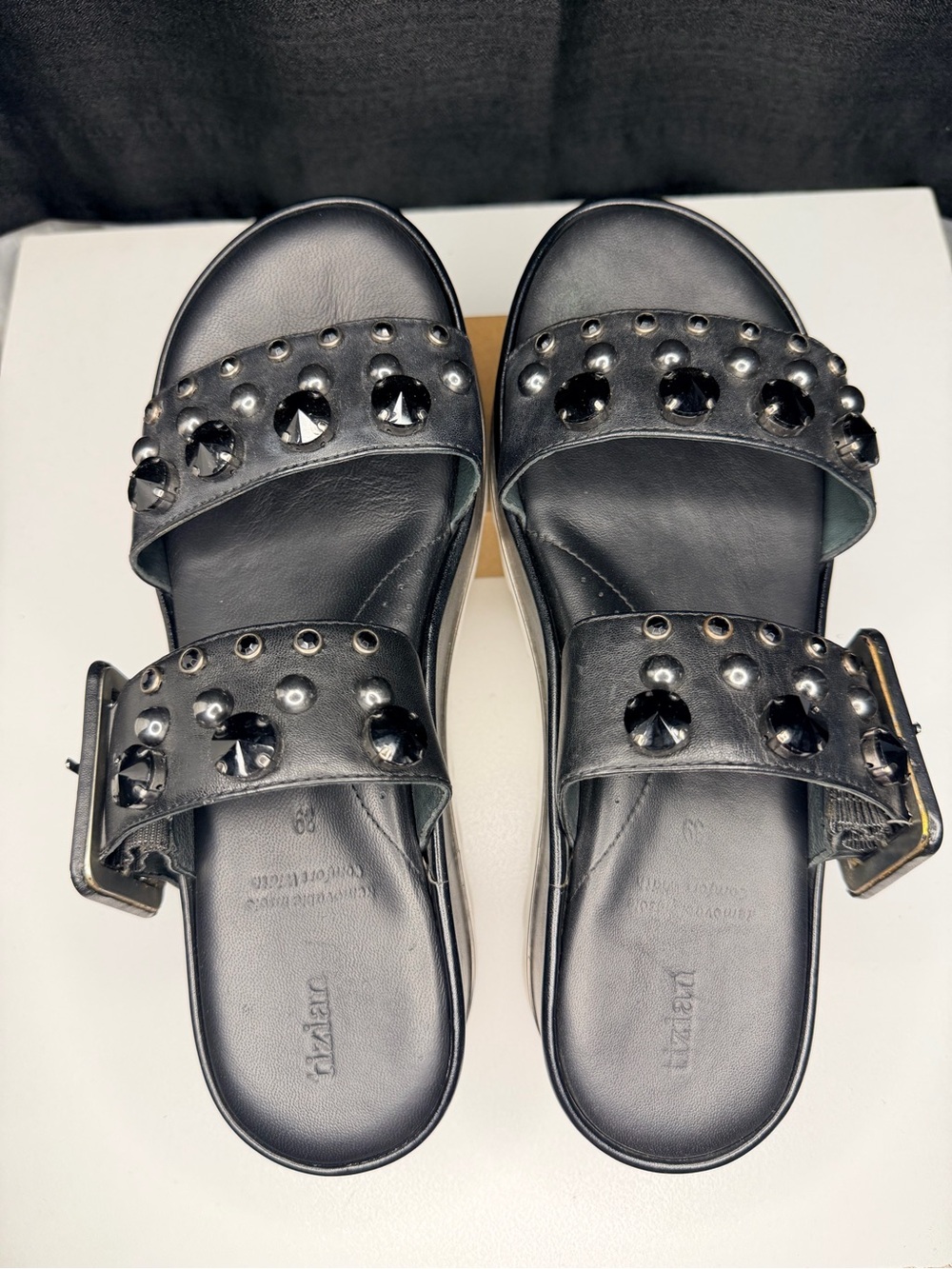 Studded Black Platform Sandals with Buckle Strap - Women